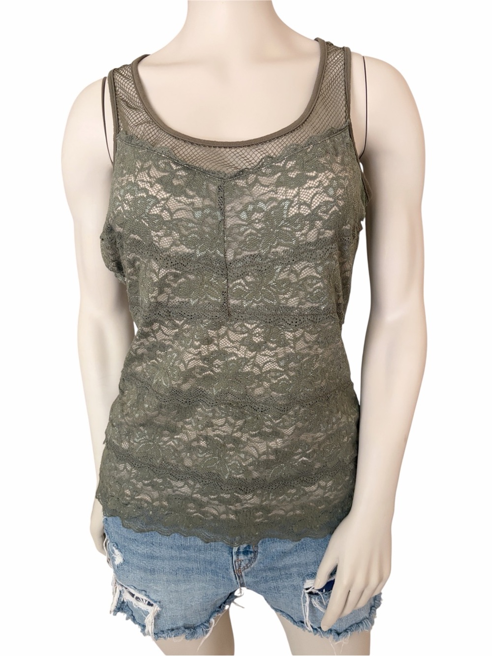 Babe Olive Lace Mesh Trim Camisole